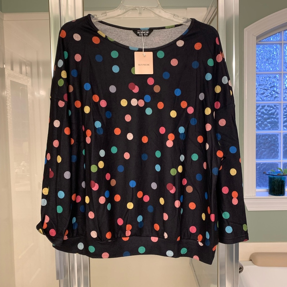 BloomChic Plus Size 1X Black with Colorful Polka Dots Ragland Sleeves Top NWT